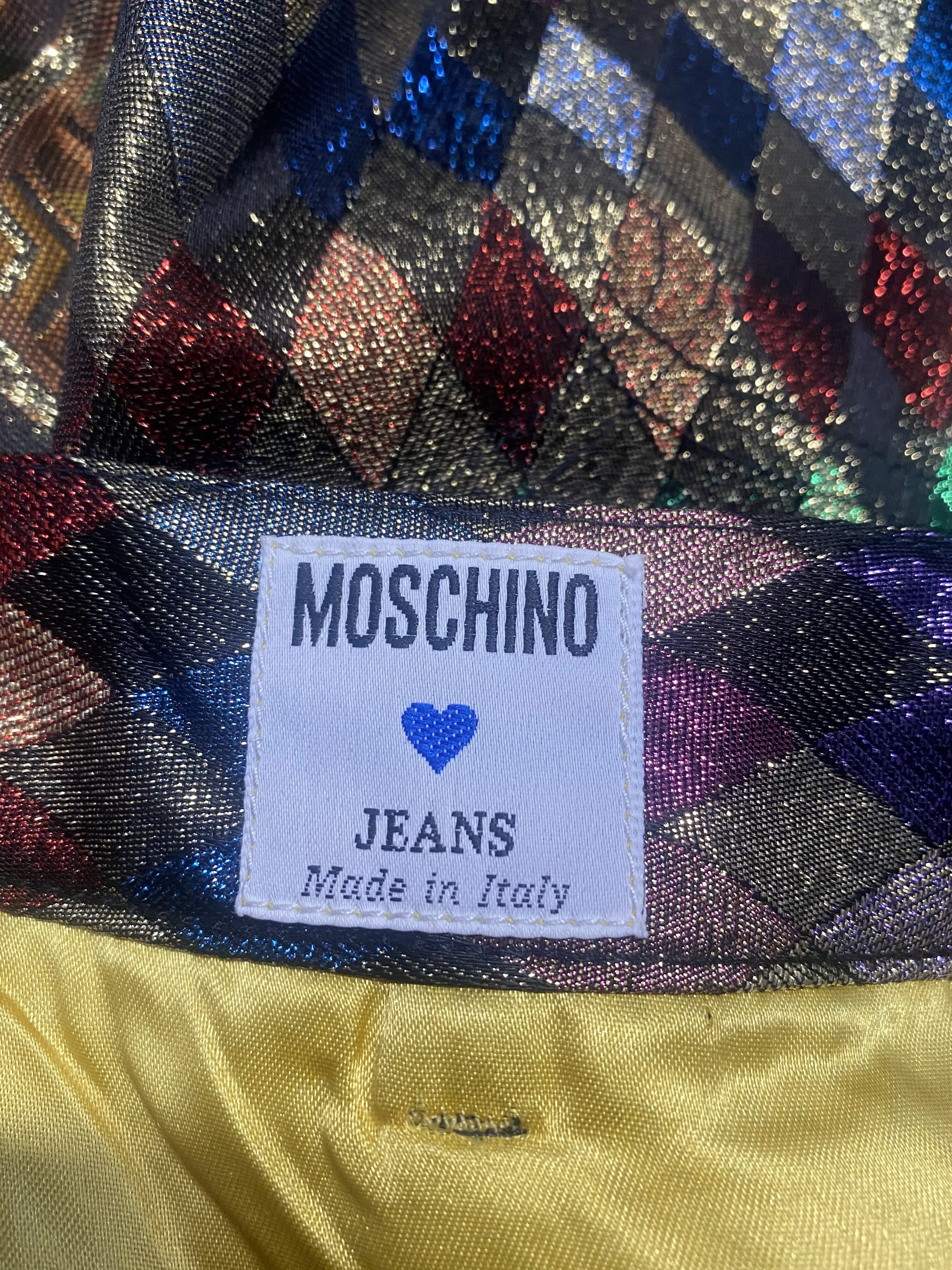 1990s Moschino Colourful Lame Patchwork Mini Skirt