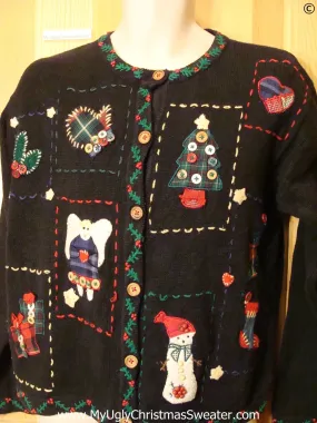 80s Cheap Christmas Sweater Patchwork and Padded Shoulders