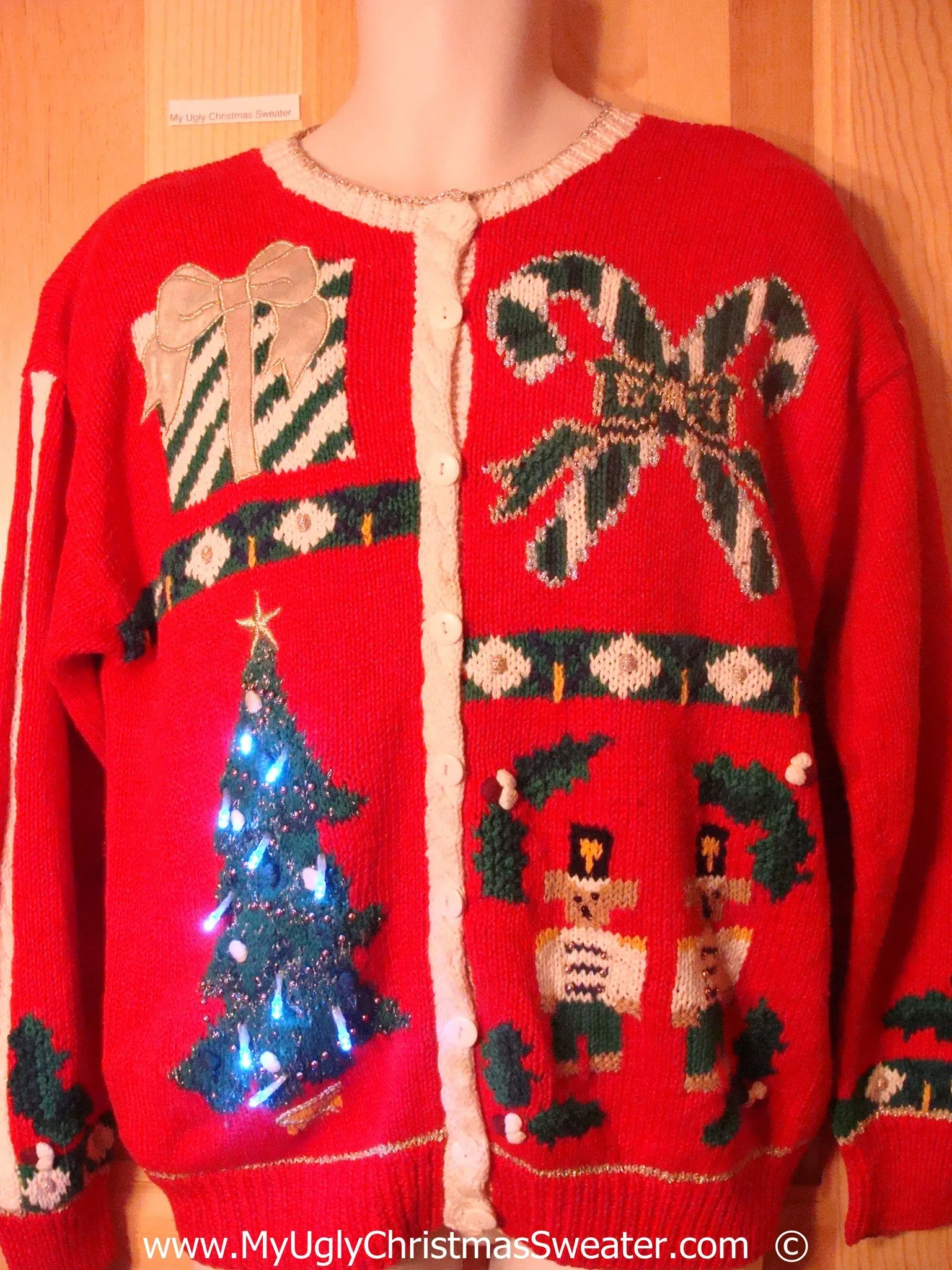 80s Christmas Sweater with Lights Tree, Nutcracker, Candycanes (g237)