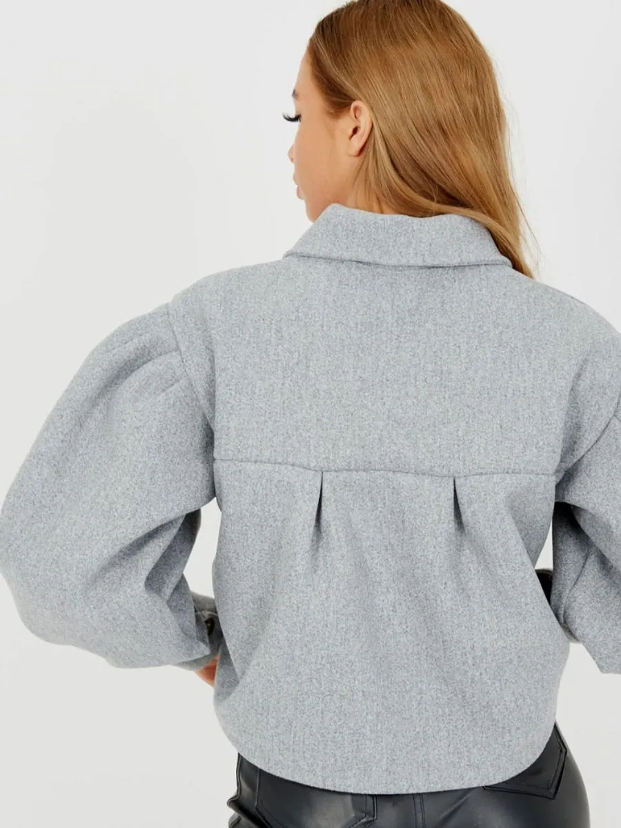 Amber Balloon Sleeve Thick Cropped Jacket In Grey