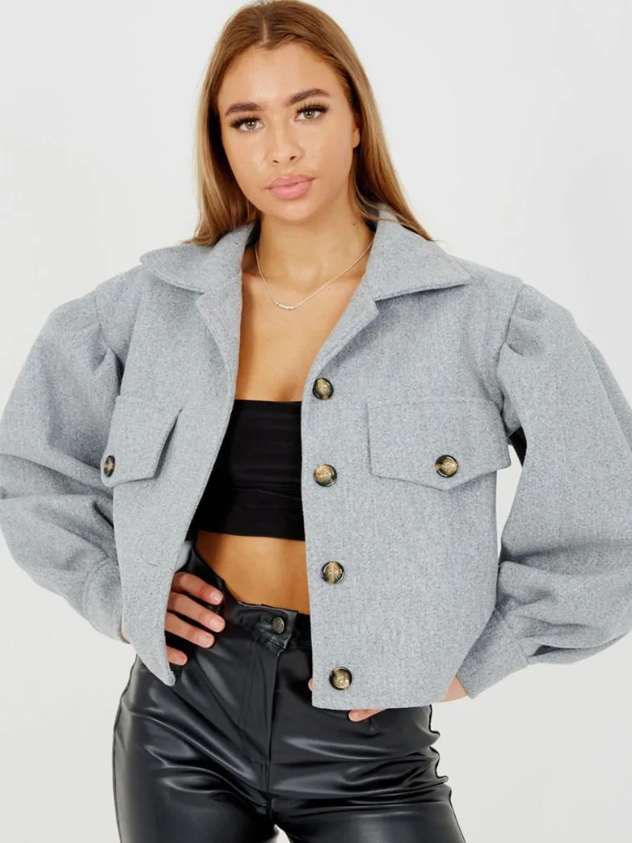 Amber Balloon Sleeve Thick Cropped Jacket In Grey