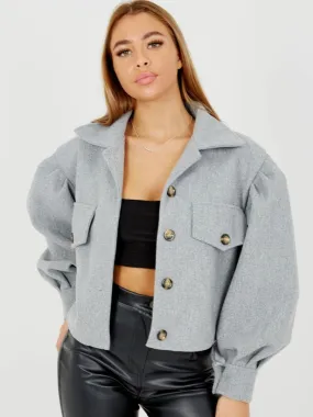 Amber Balloon Sleeve Thick Cropped Jacket In Grey