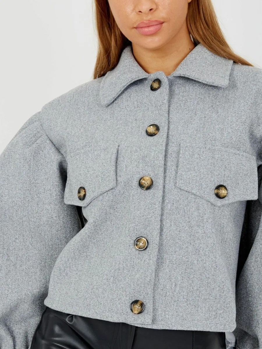 Amber Balloon Sleeve Thick Cropped Jacket In Grey