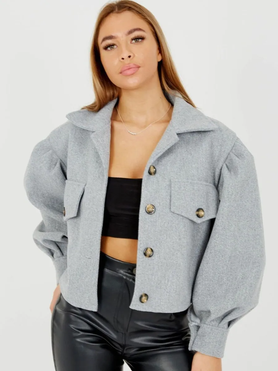 Amber Balloon Sleeve Thick Cropped Jacket In Grey