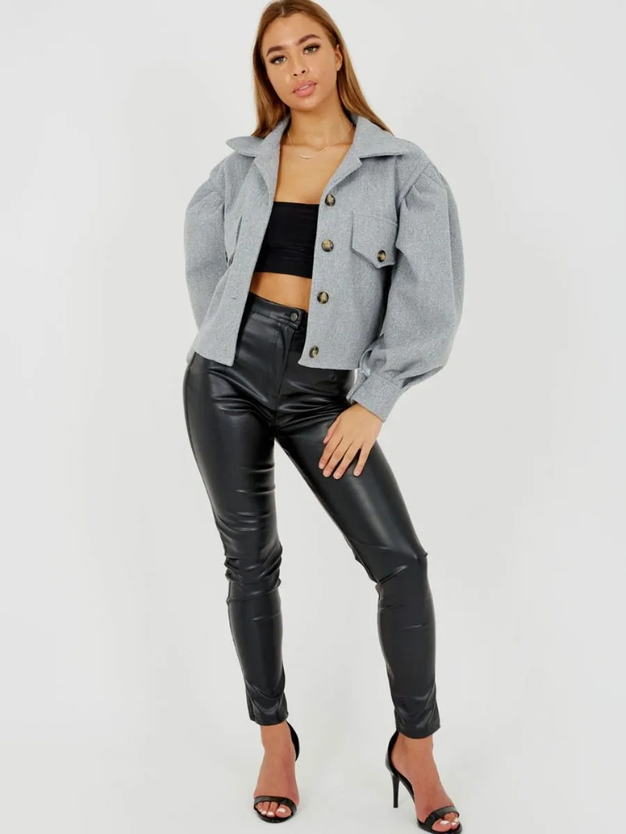 Amber Balloon Sleeve Thick Cropped Jacket In Grey