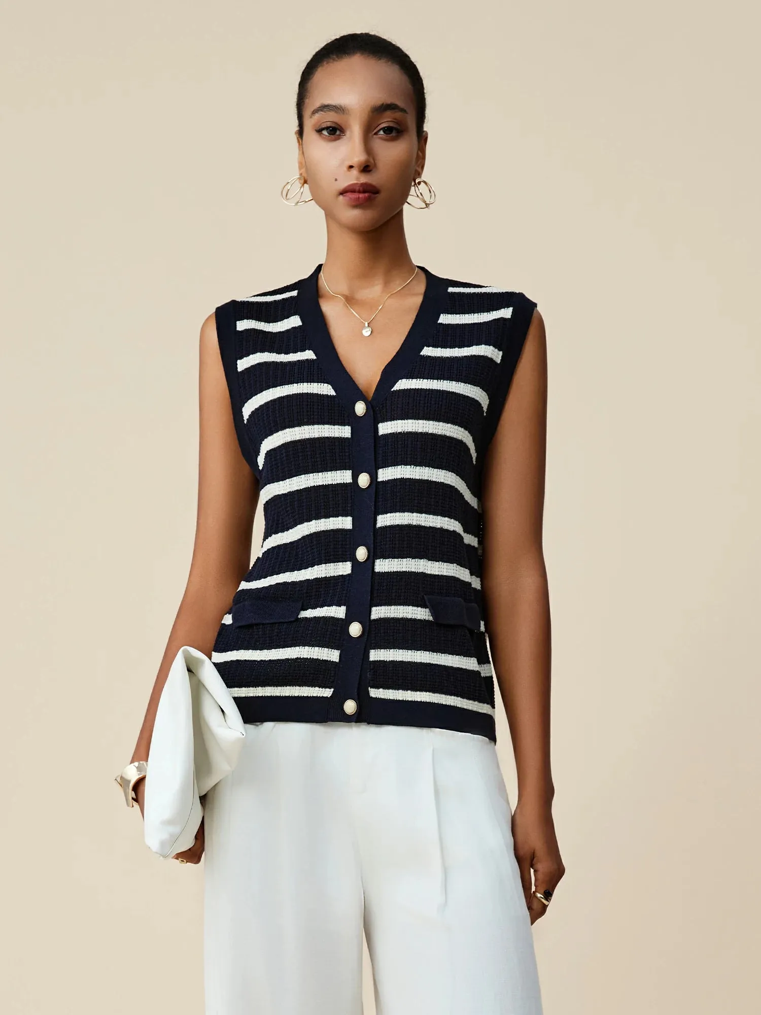 Amoretu Lyocell & Linen V-Neck Sleeveless Striped Knitted Vest