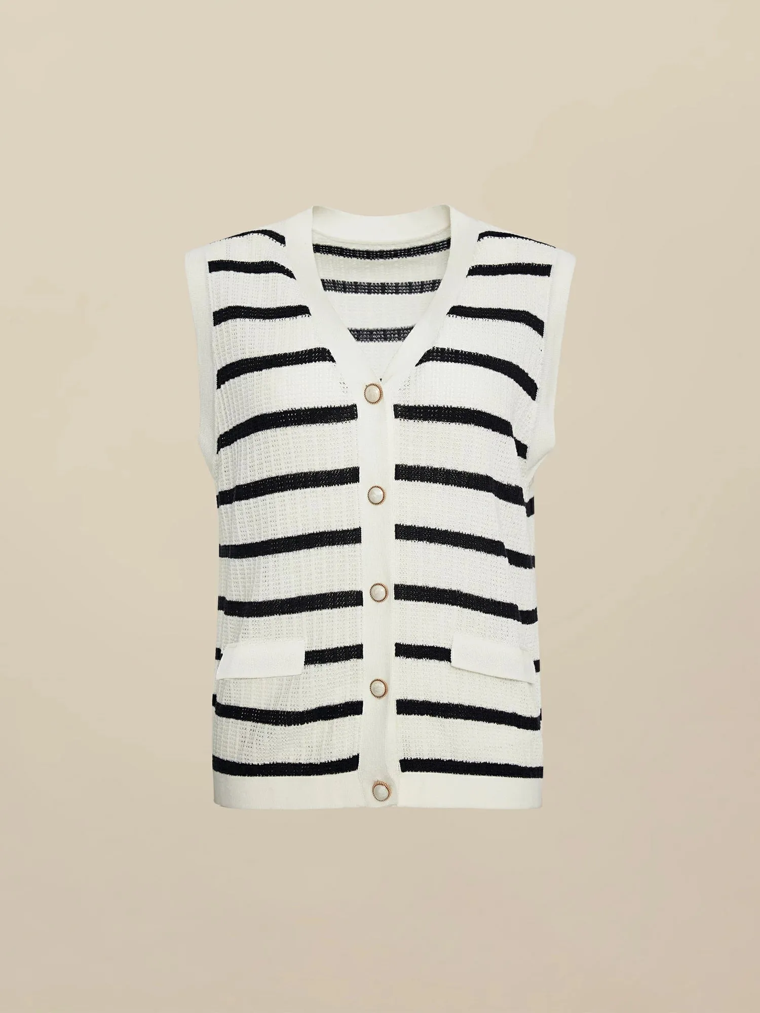 Amoretu Lyocell & Linen V-Neck Sleeveless Striped Knitted Vest