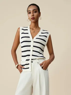 Amoretu Lyocell & Linen V-Neck Sleeveless Striped Knitted Vest