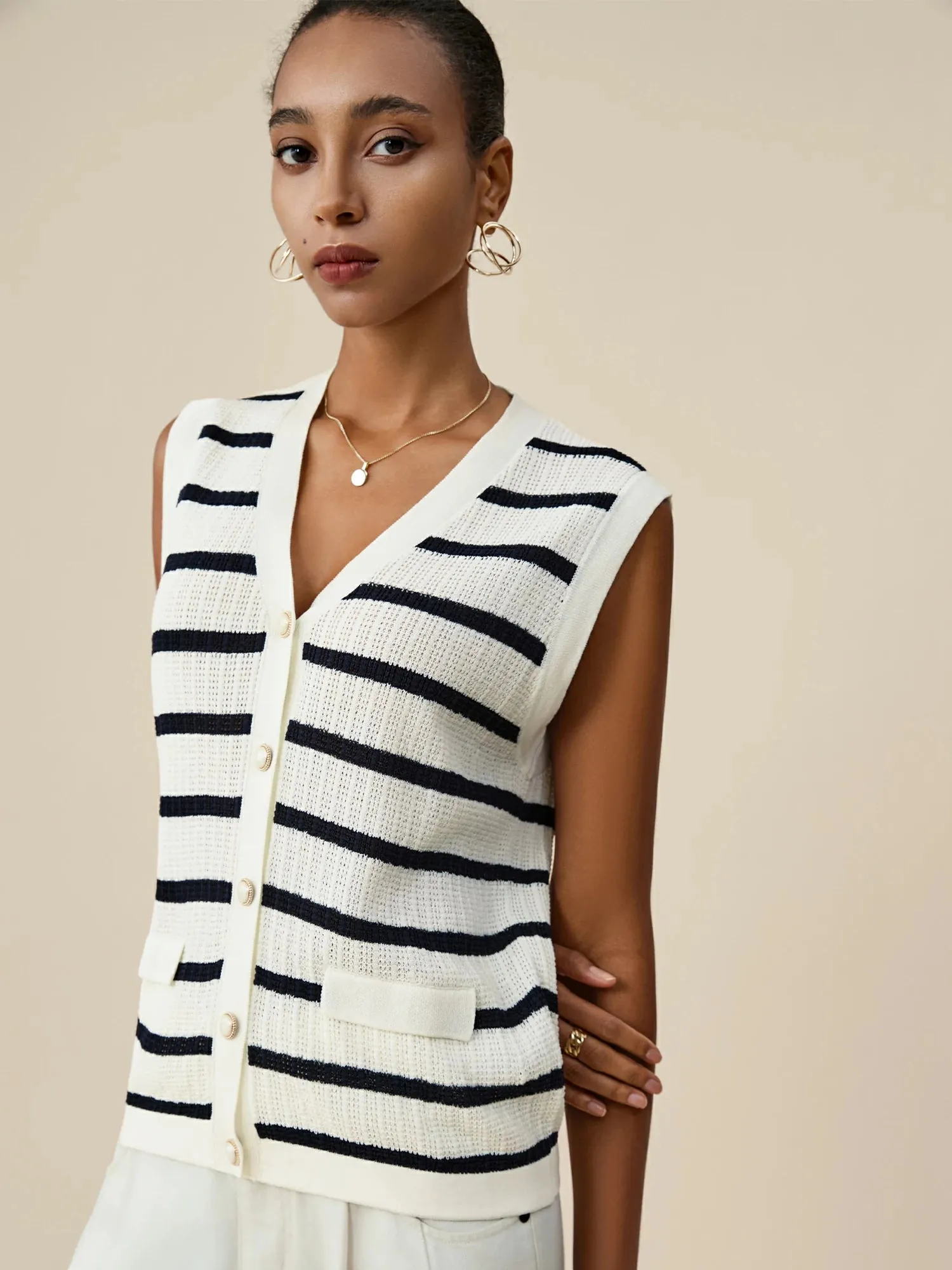 Amoretu Lyocell & Linen V-Neck Sleeveless Striped Knitted Vest