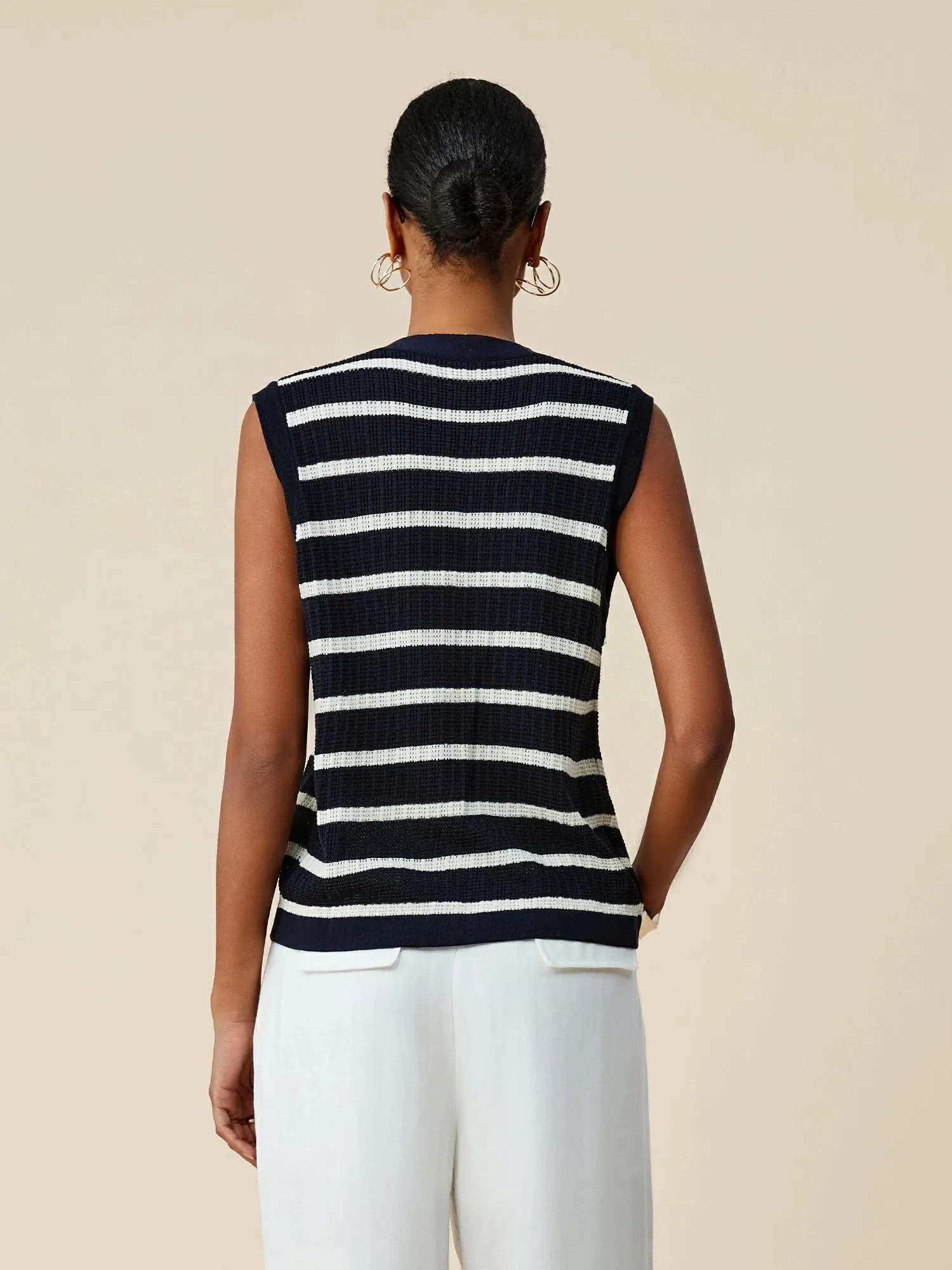 Amoretu Lyocell & Linen V-Neck Sleeveless Striped Knitted Vest