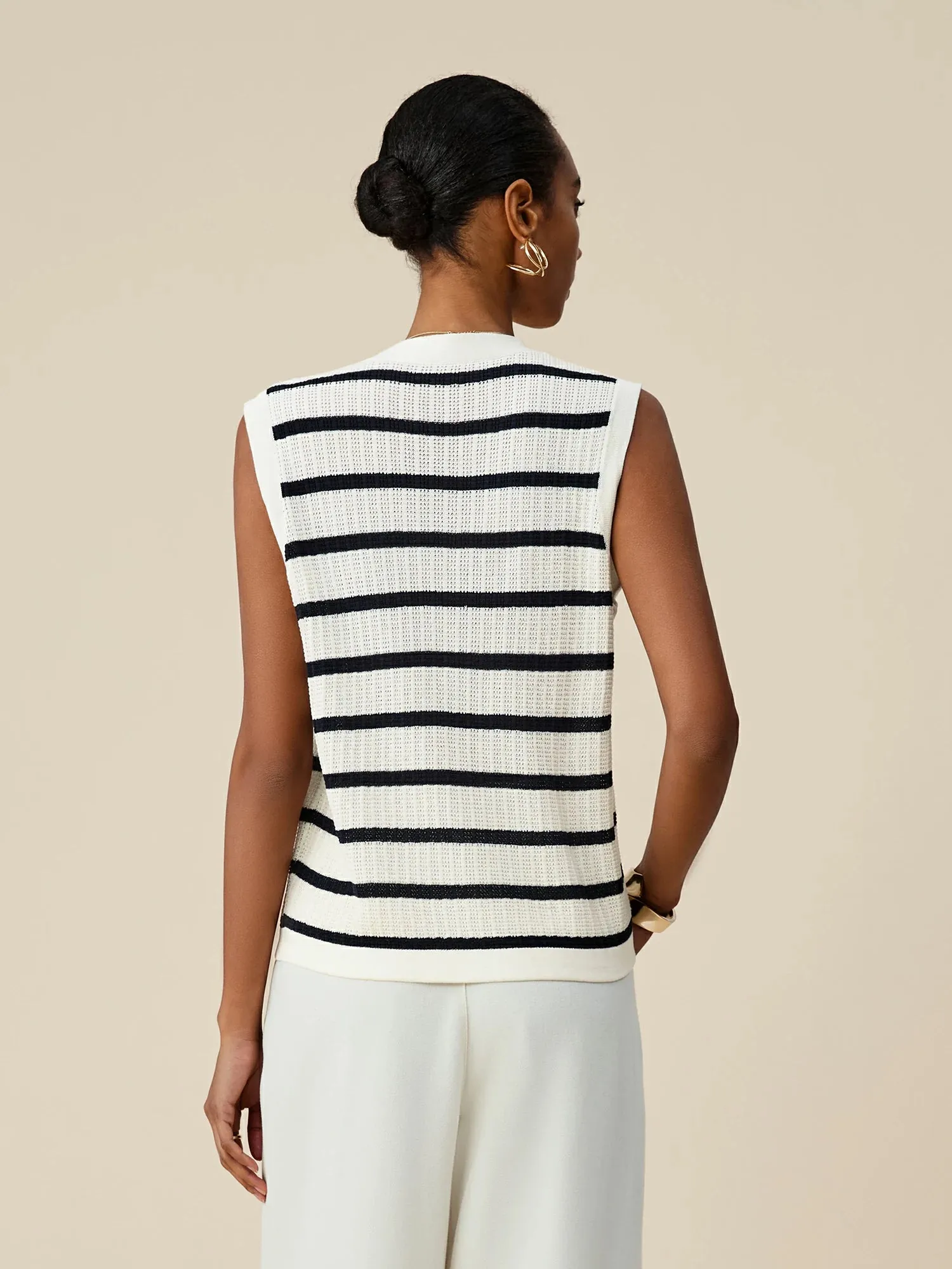 Amoretu Lyocell & Linen V-Neck Sleeveless Striped Knitted Vest