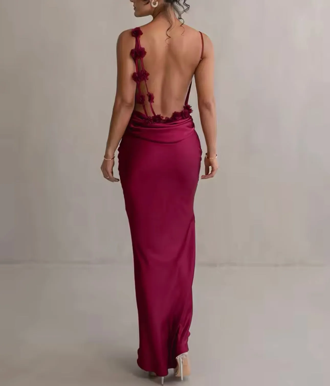 Angelina Satin Flower Back Maxi Dress