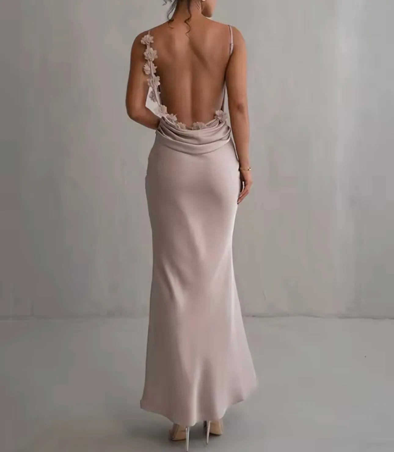 Angelina Satin Flower Back Maxi Dress