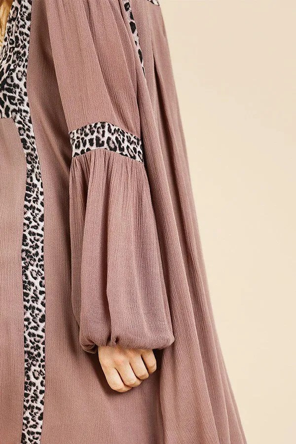 Animal Print Long Puff Sleeve Split Neck Babydoll Dress