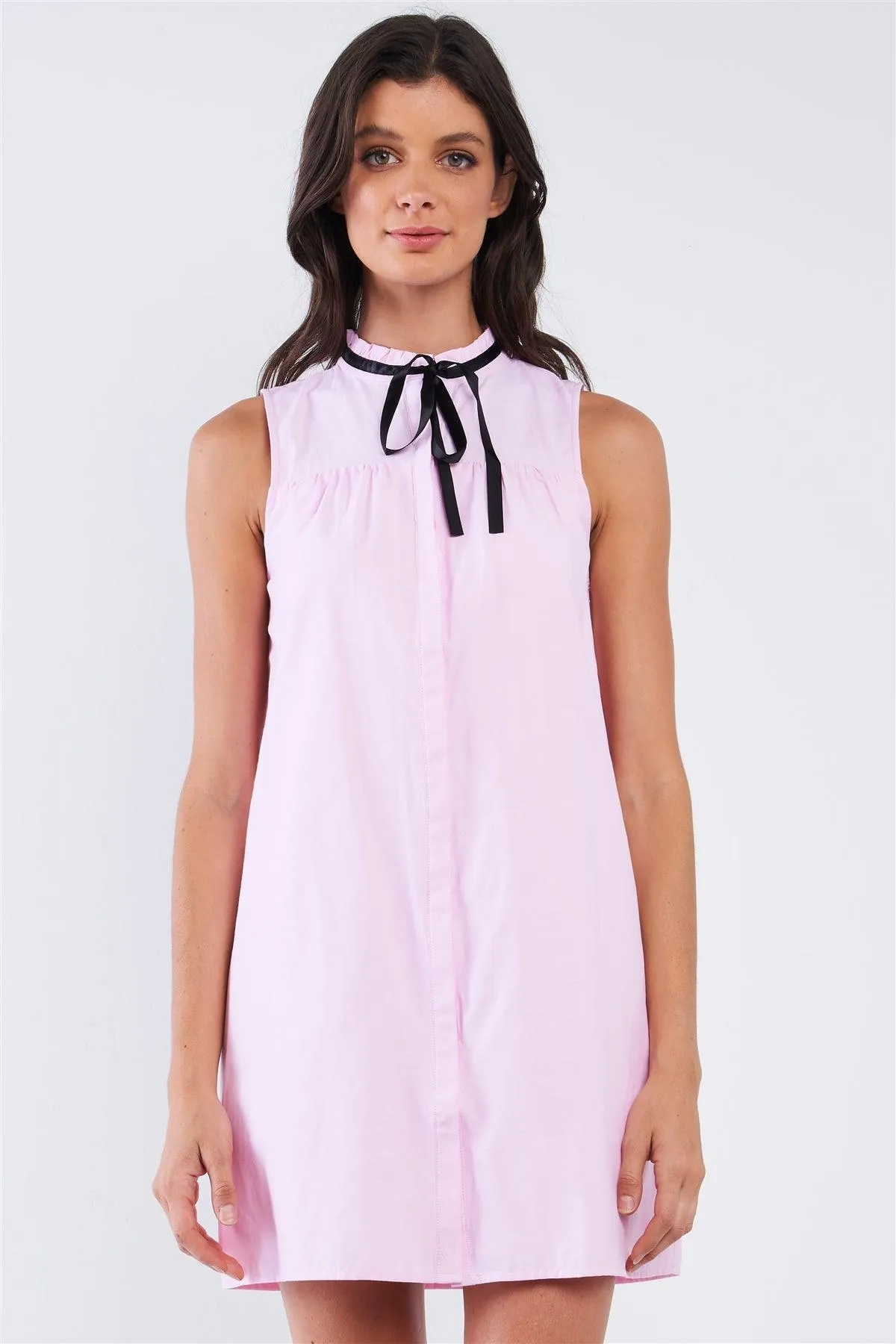 Baby Pink Button Down Sleeveless Ribbon Tie Lettuce Hem Round Neck Loose Fit Babydoll Mini Dress /1-1-3-1