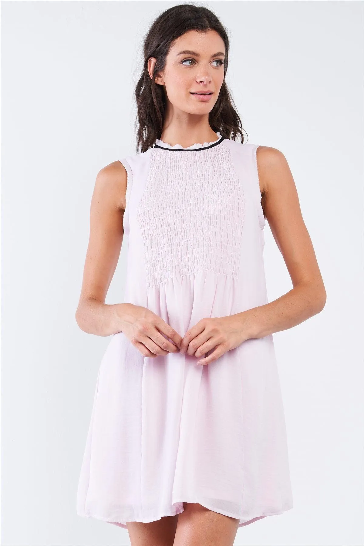 Baby Pink Sleeveless Round Neck Loose Fitting Smock Front Detail BabyDoll Mini Dress /1-2-2-1