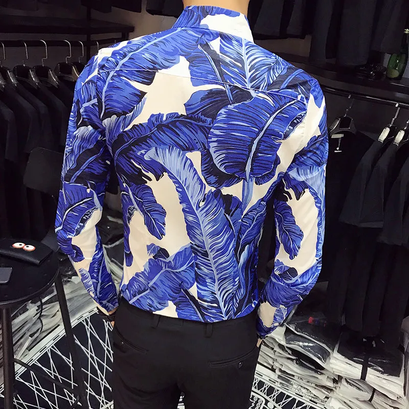 Banana Leaves Print in Bold Color Men Slim Fit Long Sleeves Shirt