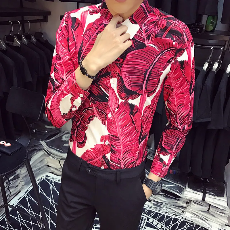 Banana Leaves Print in Bold Color Men Slim Fit Long Sleeves Shirt