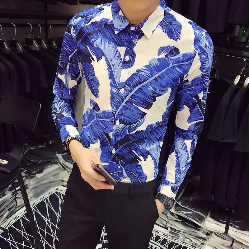 Banana Leaves Print in Bold Color Men Slim Fit Long Sleeves Shirt