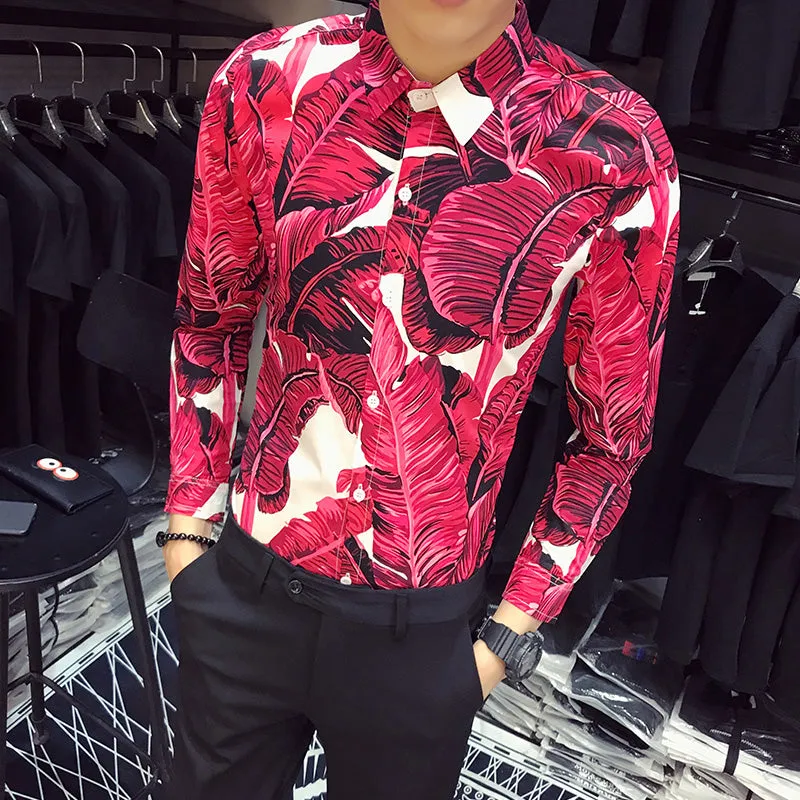 Banana Leaves Print in Bold Color Men Slim Fit Long Sleeves Shirt