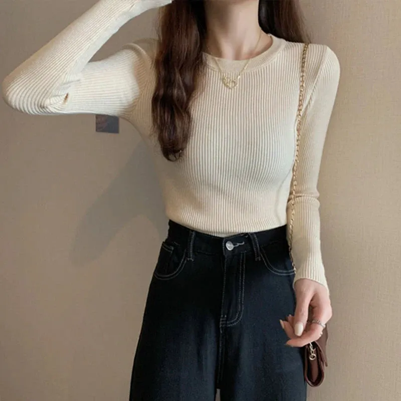 Basic Round Neck Knit Sweater Long-sleeved Solid Color Slim Fit