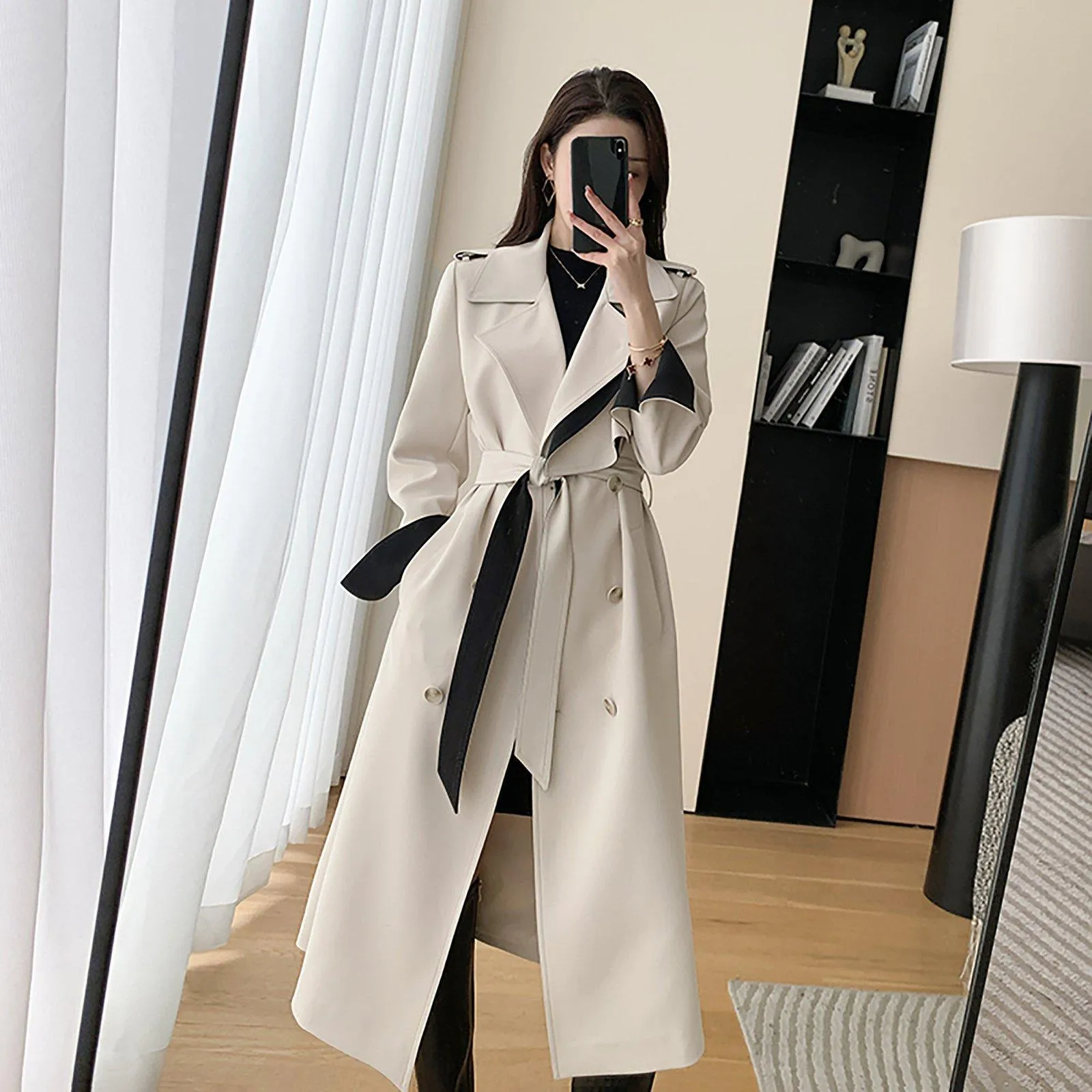 Beige Belted Two-Tone Trench Coat