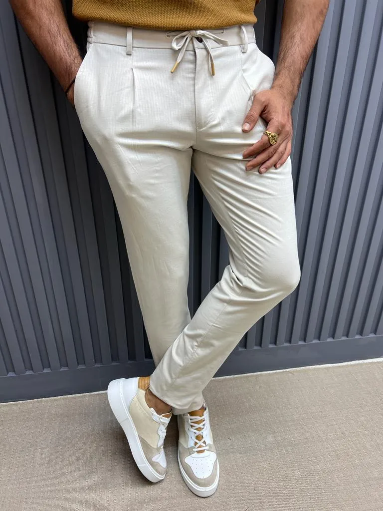 Beige Slim Fit Groom Wedding Linen Pants for Men | GentWith