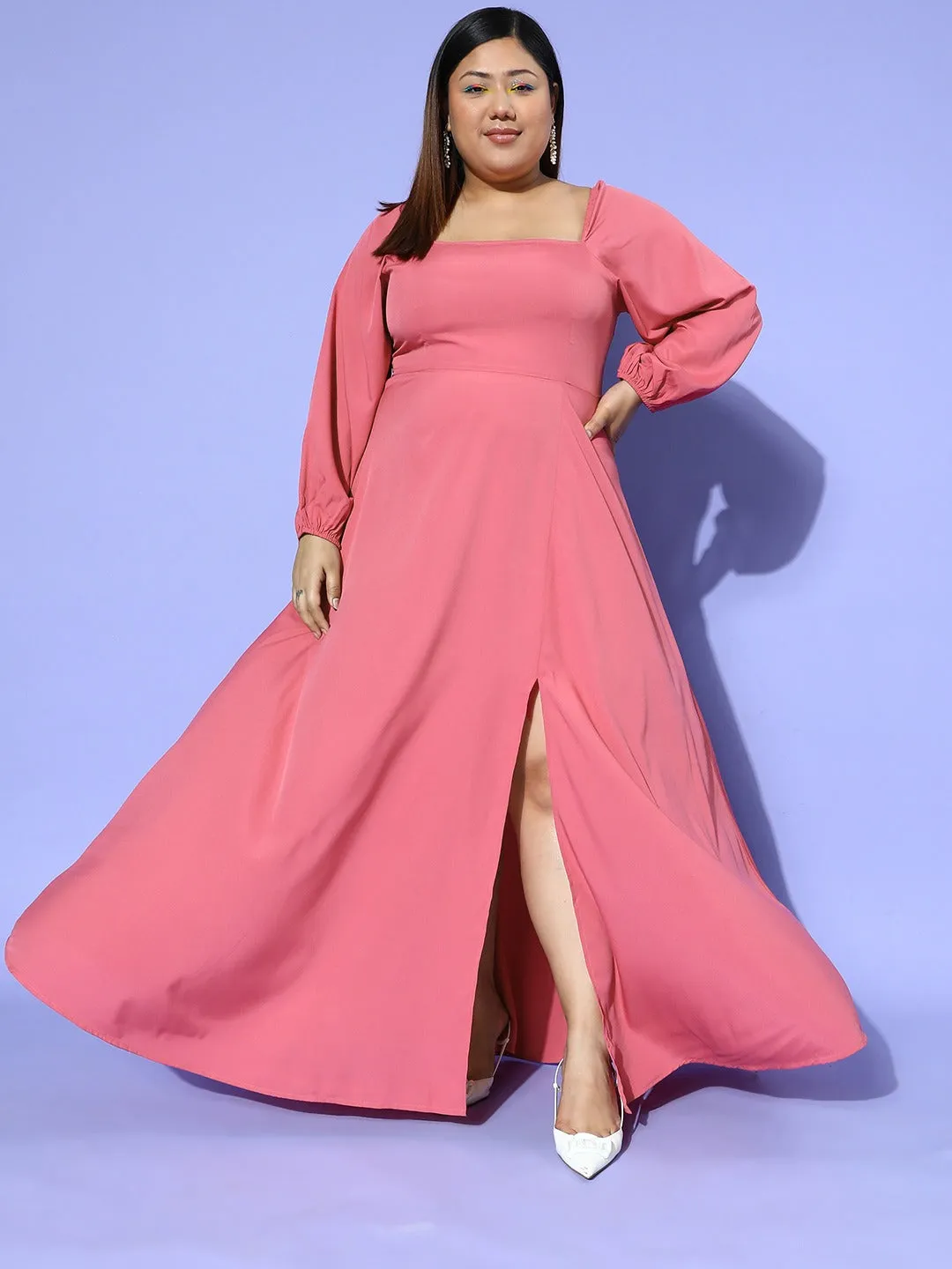 Berrylush Women Plus Size Solid Pink Square Neck Crepe Zipper-Up Thigh-High Slit Fit & Flare Maxi Dress