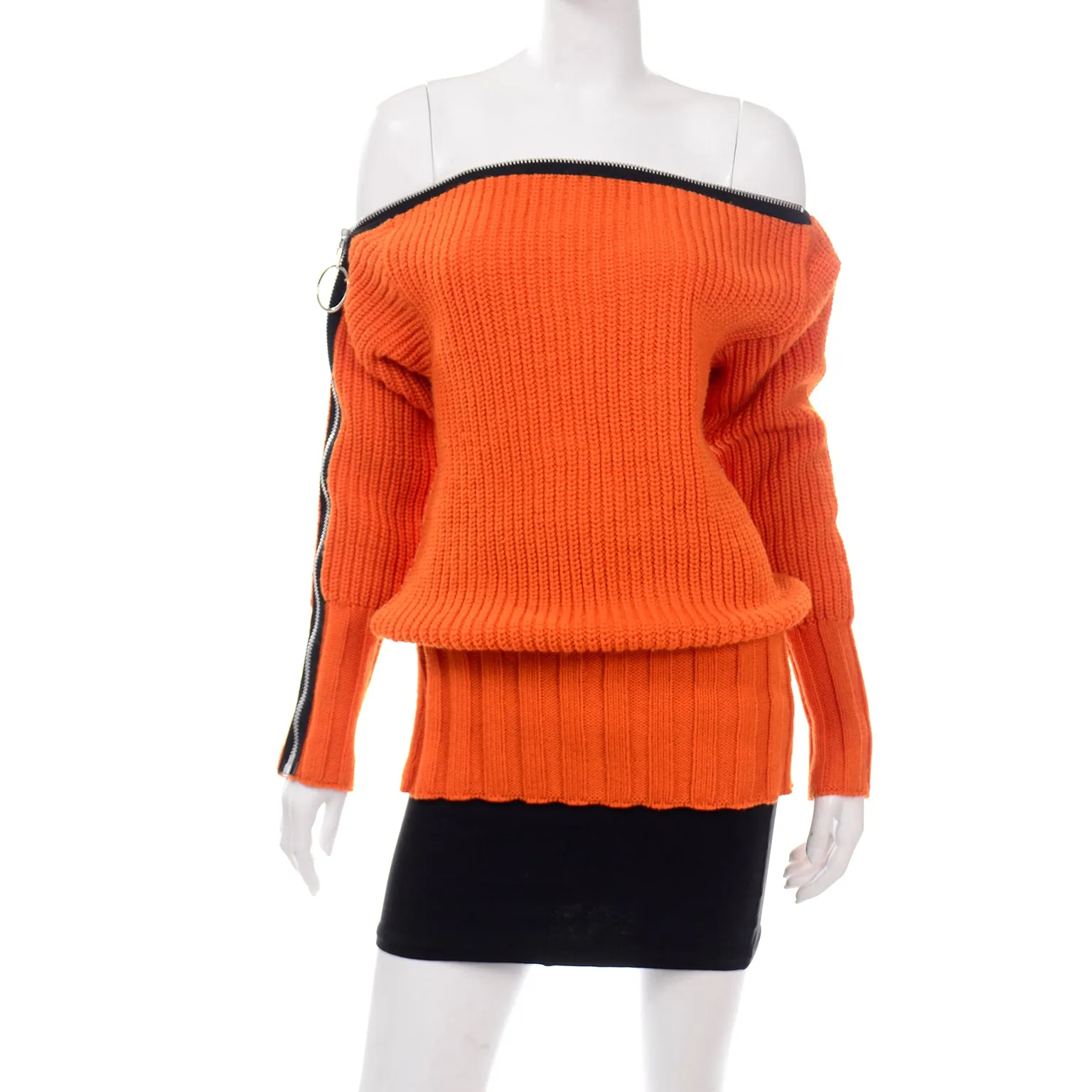 Betsey Johnson Punk Label Orange Chunky Knit Zipper Sweater W Mini Skirt