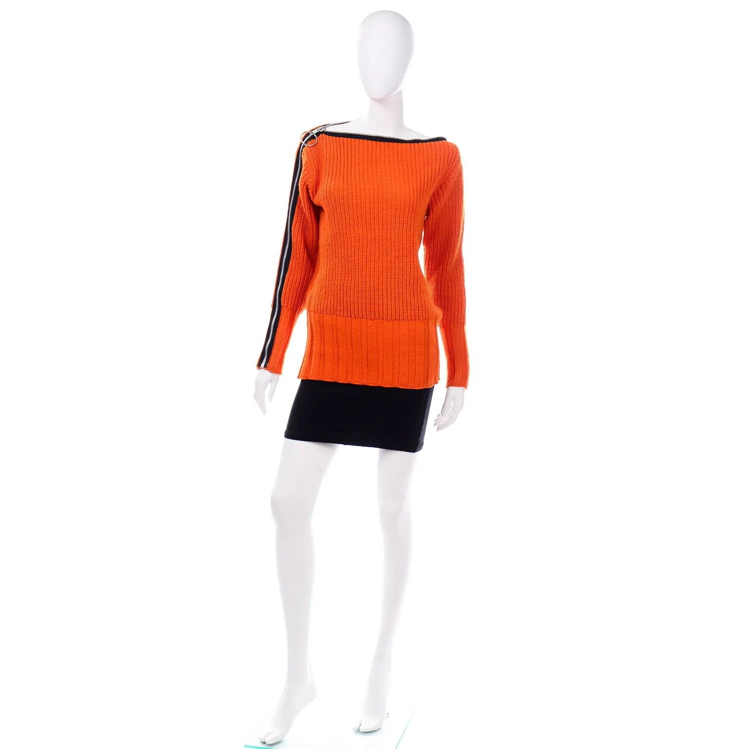 Betsey Johnson Punk Label Orange Chunky Knit Zipper Sweater W Mini Skirt