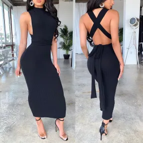 Black Backless Sleeveless O Neck Bodycon Dress