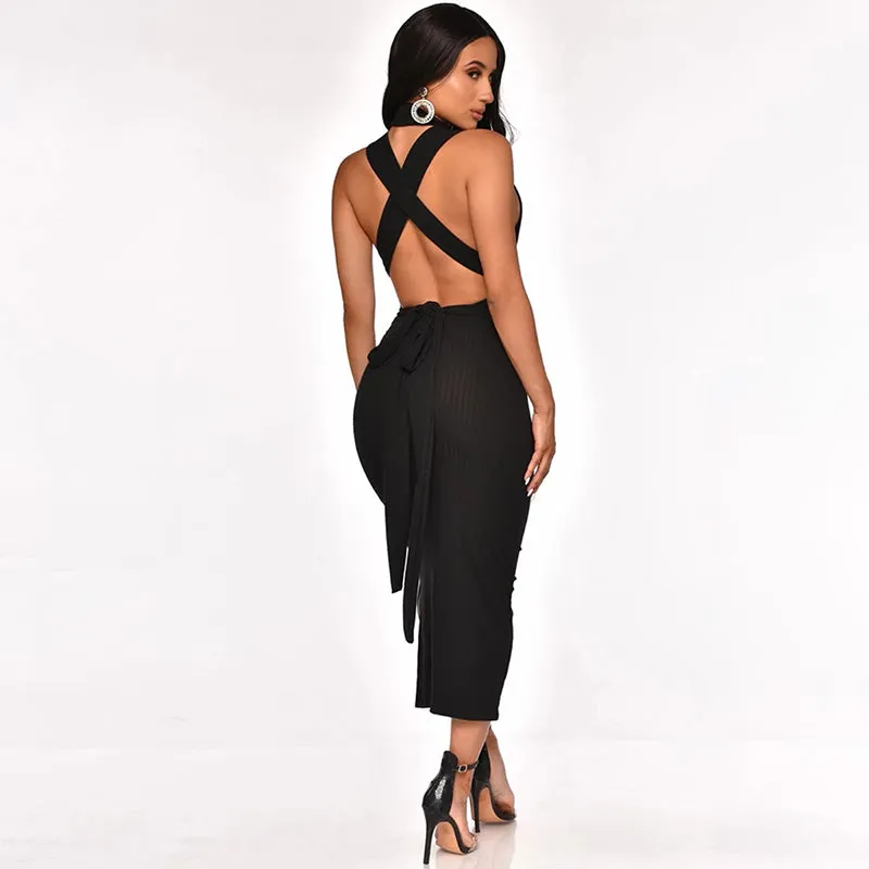 Black Backless Sleeveless O Neck Bodycon Dress