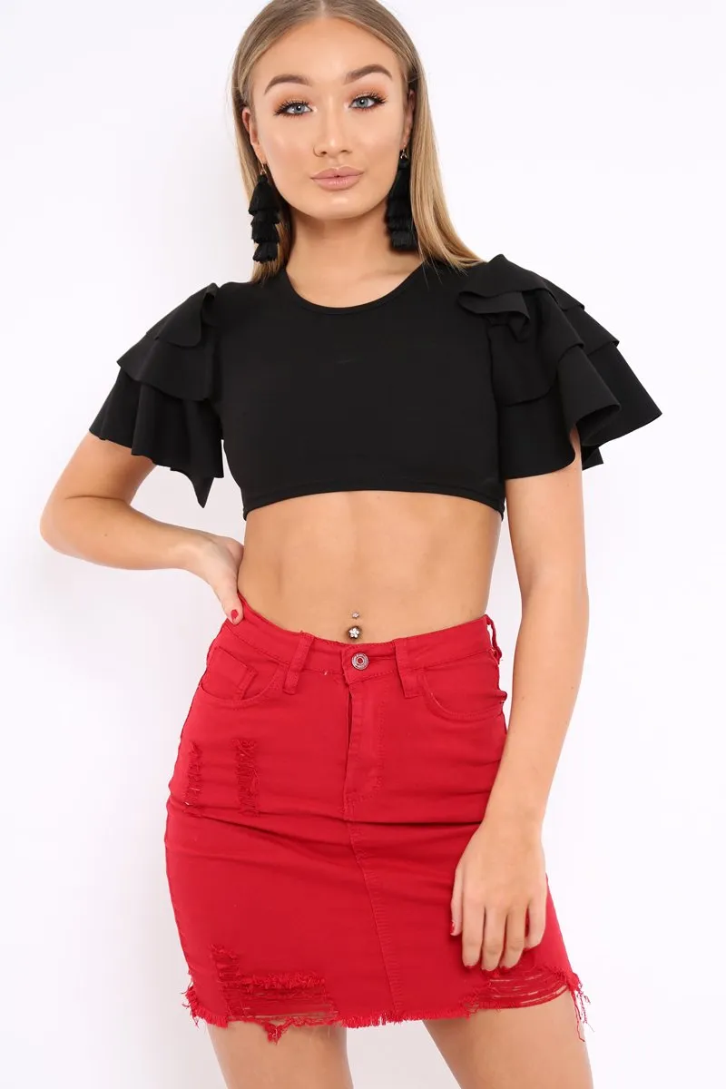 Black Crop Top Frill Arms - Jameila