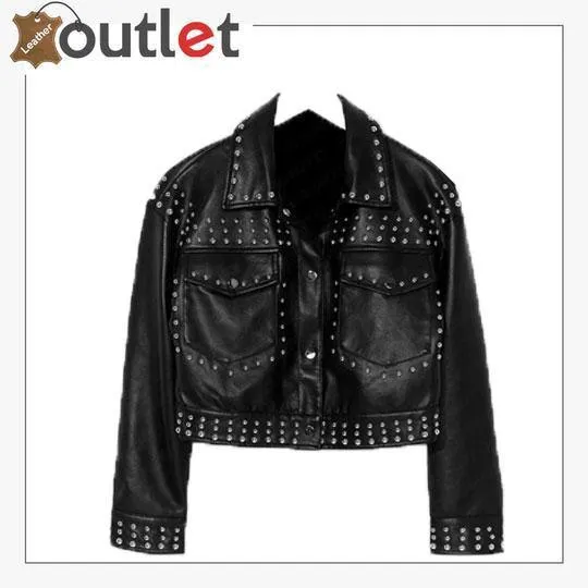 Black Cropped Leather Silver Studded Jacket