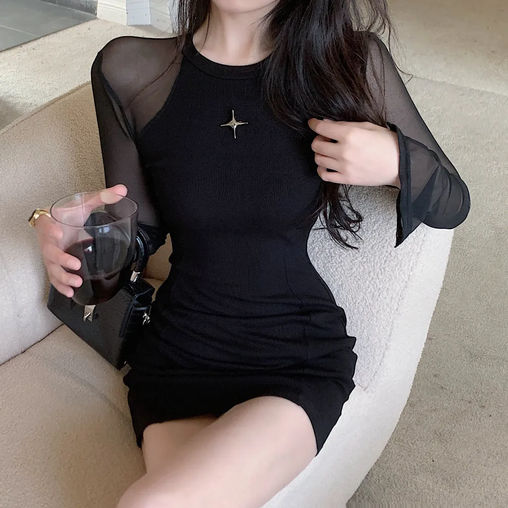 Black Mesh Stitching See-Through Bodycon Dress