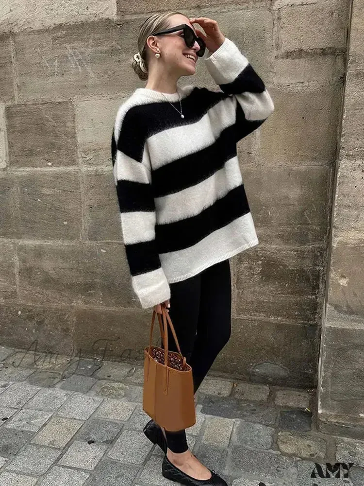 Black White Stripes Loose Casual Round Neck Warm Pullover Sweater