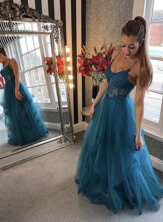 Blue tulle lace long prom dress evening dress      fg1687