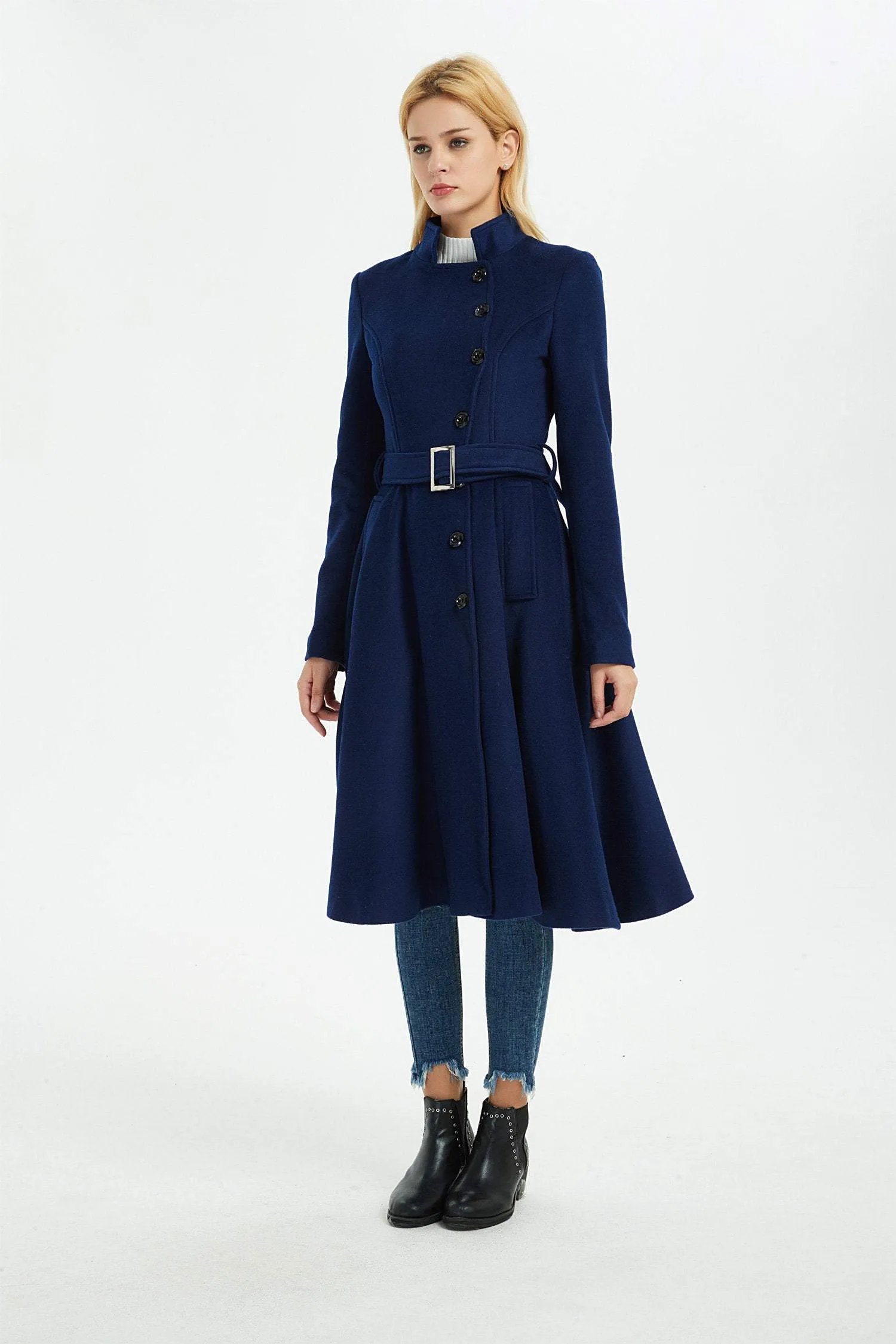 blue wool coat, winter wool coat, women coat, fit and flare coat, blue coat, warm coat, coat with pockets, winter warm coat C1372