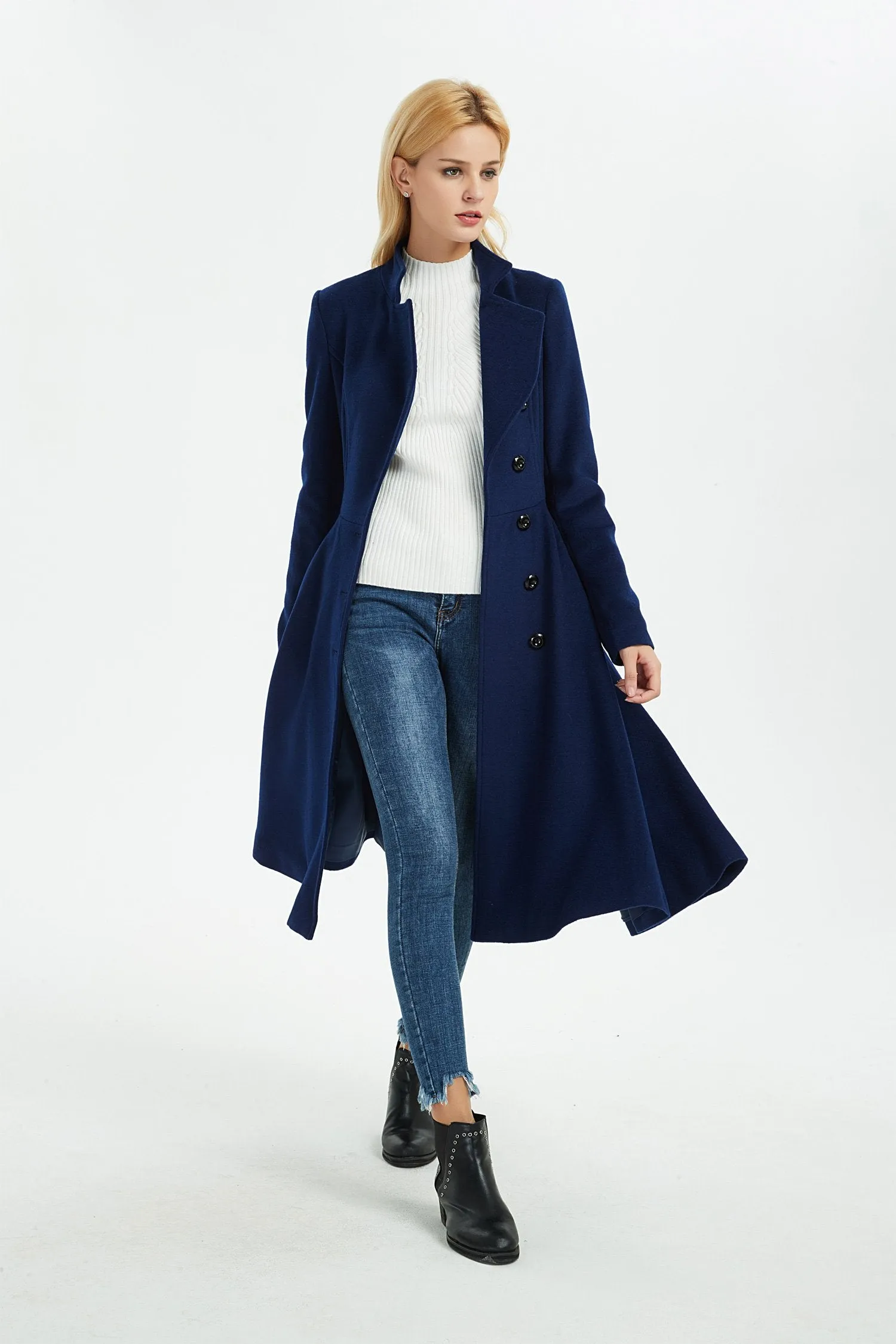 blue wool coat, winter wool coat, women coat, fit and flare coat, blue coat, warm coat, coat with pockets, winter warm coat C1372