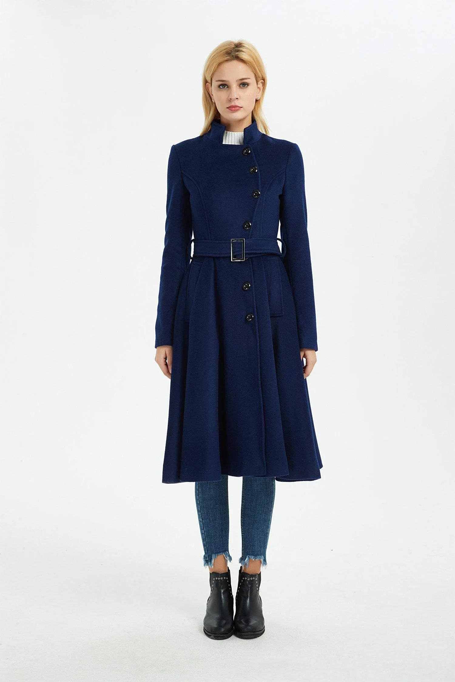 blue wool coat, winter wool coat, women coat, fit and flare coat, blue coat, warm coat, coat with pockets, winter warm coat C1372