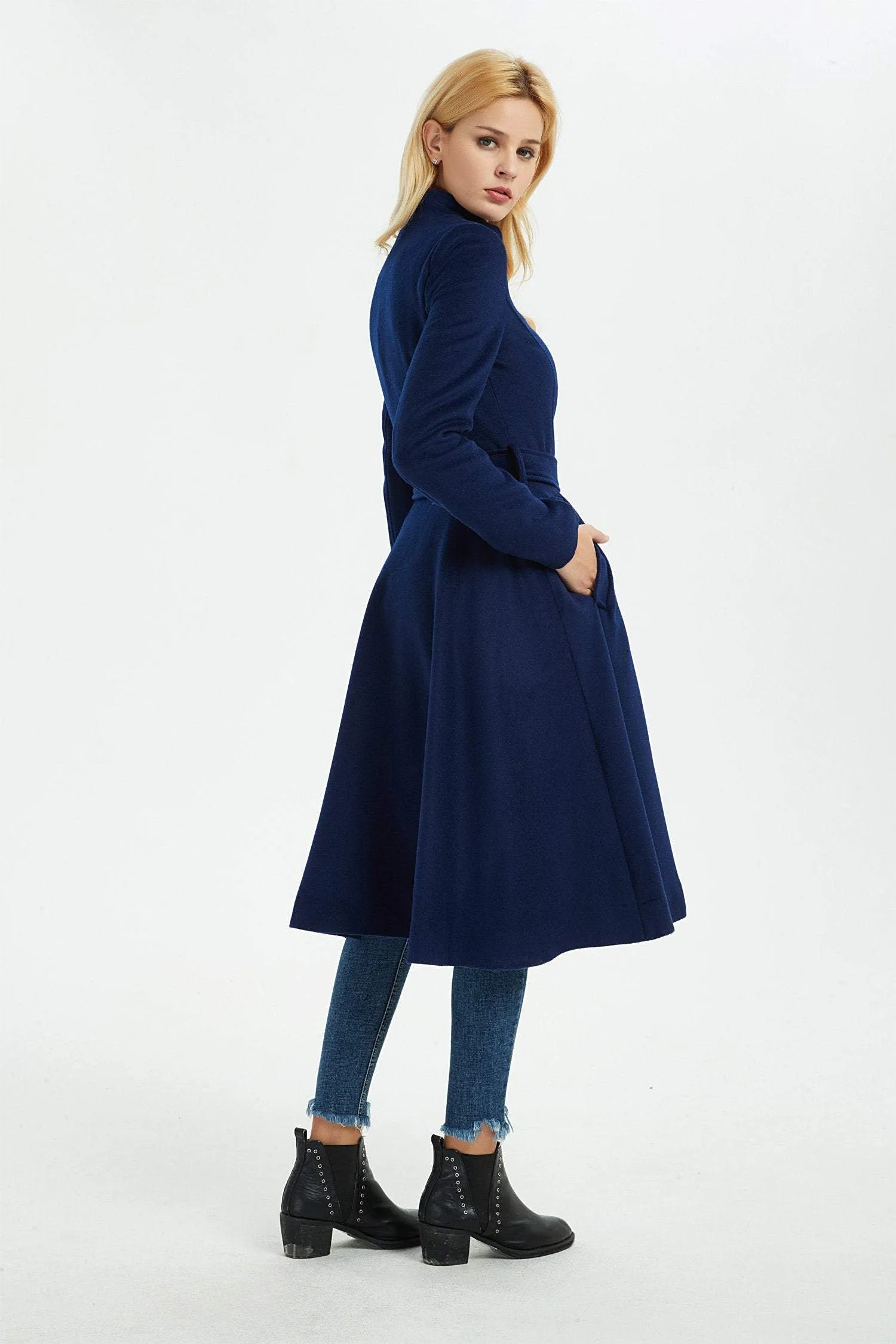 blue wool coat, winter wool coat, women coat, fit and flare coat, blue coat, warm coat, coat with pockets, winter warm coat C1372