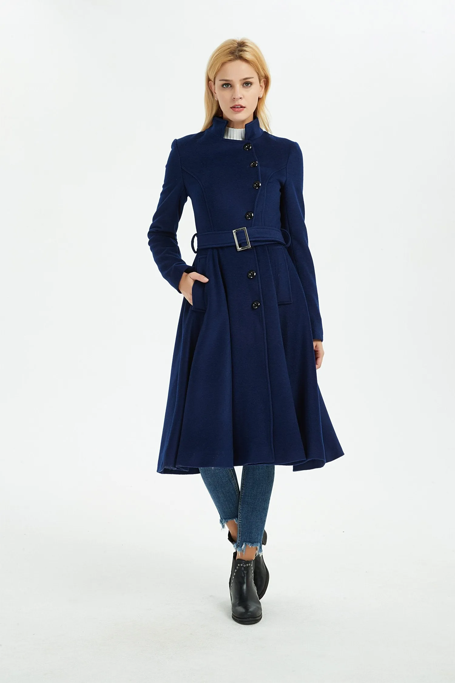 blue wool coat, winter wool coat, women coat, fit and flare coat, blue coat, warm coat, coat with pockets, winter warm coat C1372