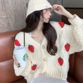 Bonnyshow  Autumn Women's Strawberry Kintted Cardigan Long Sleeve Loose Single Breasted Sweater Coat Female Fashion Thicken Warm Cardigans