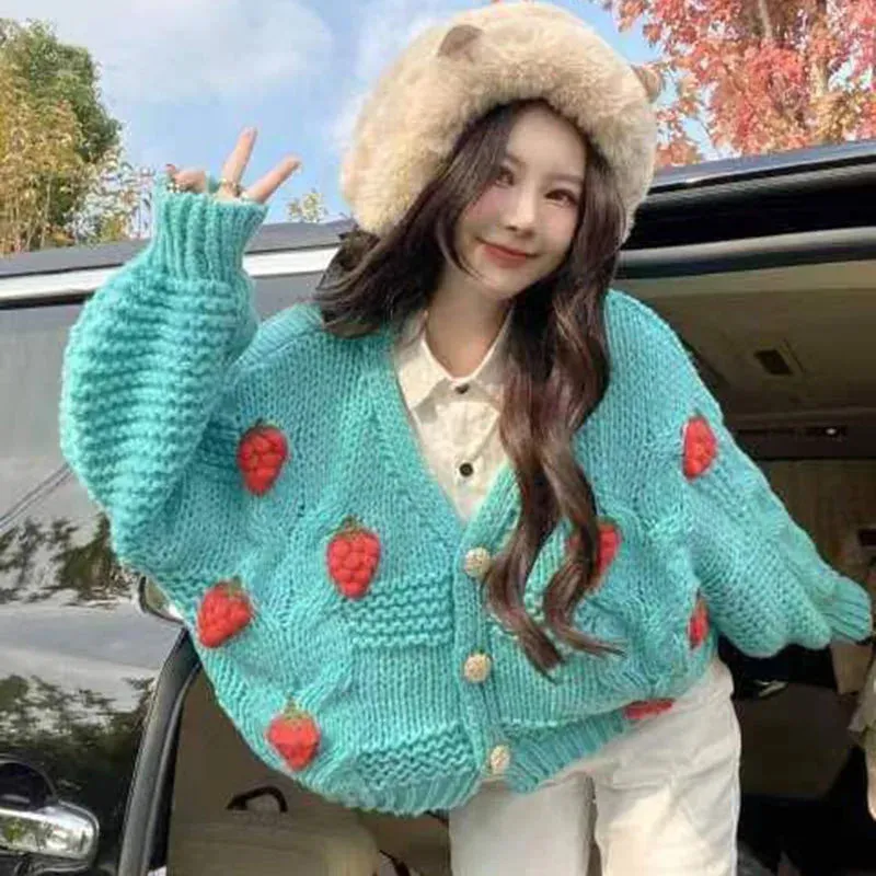 Bonnyshow  Autumn Women's Strawberry Kintted Cardigan Long Sleeve Loose Single Breasted Sweater Coat Female Fashion Thicken Warm Cardigans