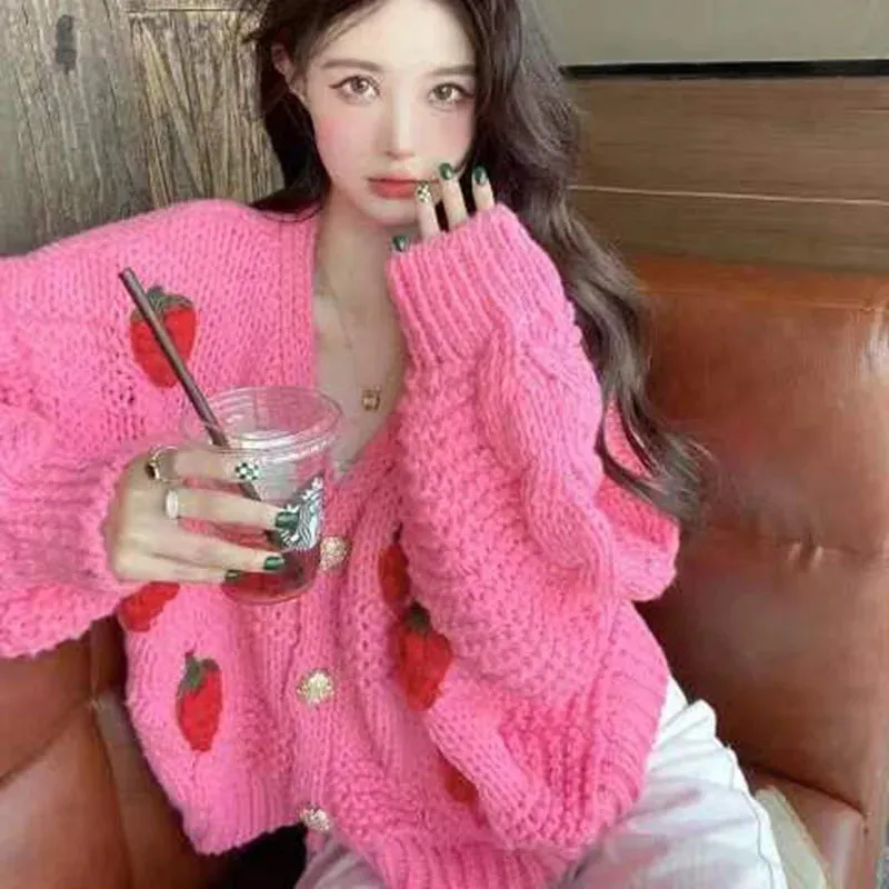 Bonnyshow  Autumn Women's Strawberry Kintted Cardigan Long Sleeve Loose Single Breasted Sweater Coat Female Fashion Thicken Warm Cardigans