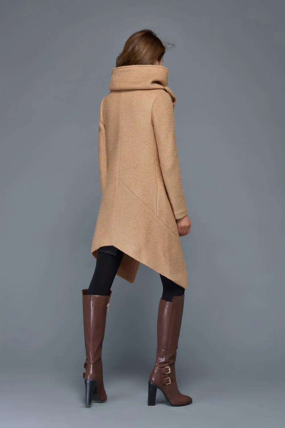 Brown Asymmetrical winter wool coat women C959