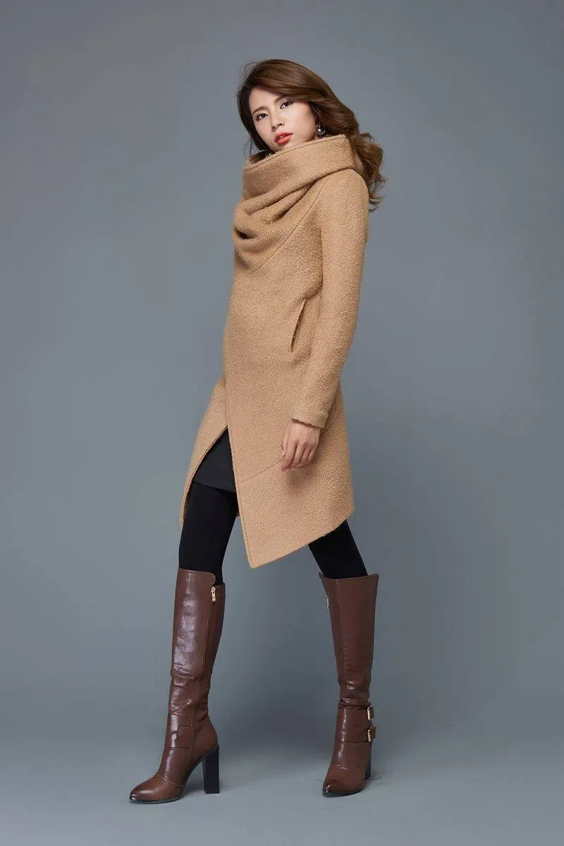 Brown Asymmetrical winter wool coat women C959