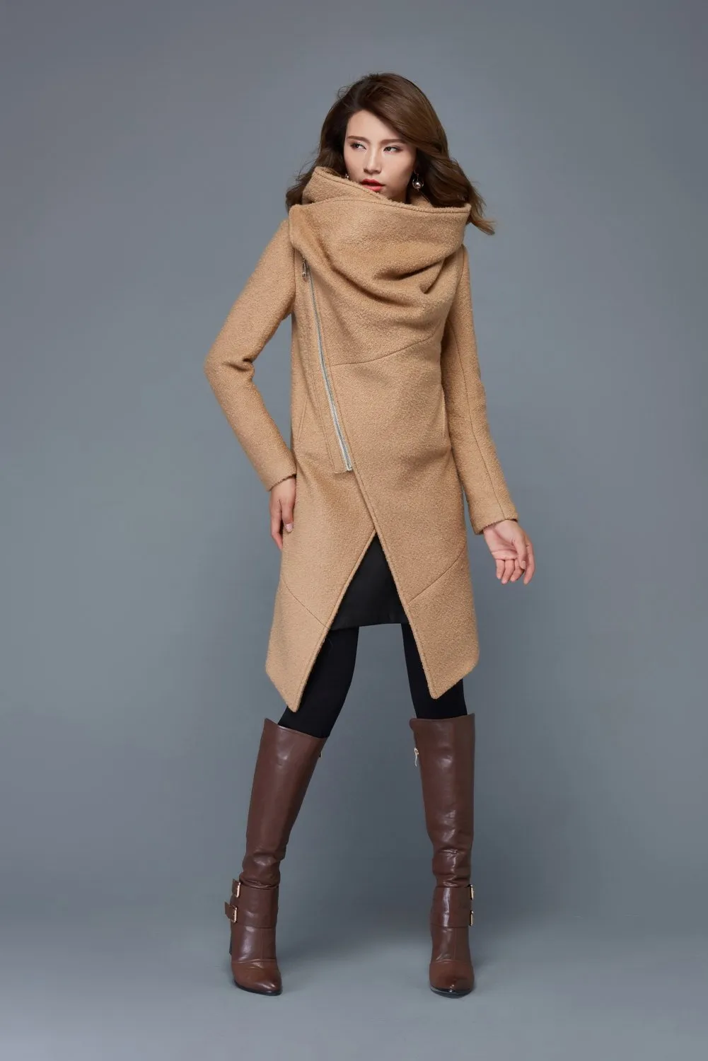 Brown Asymmetrical winter wool coat women C959