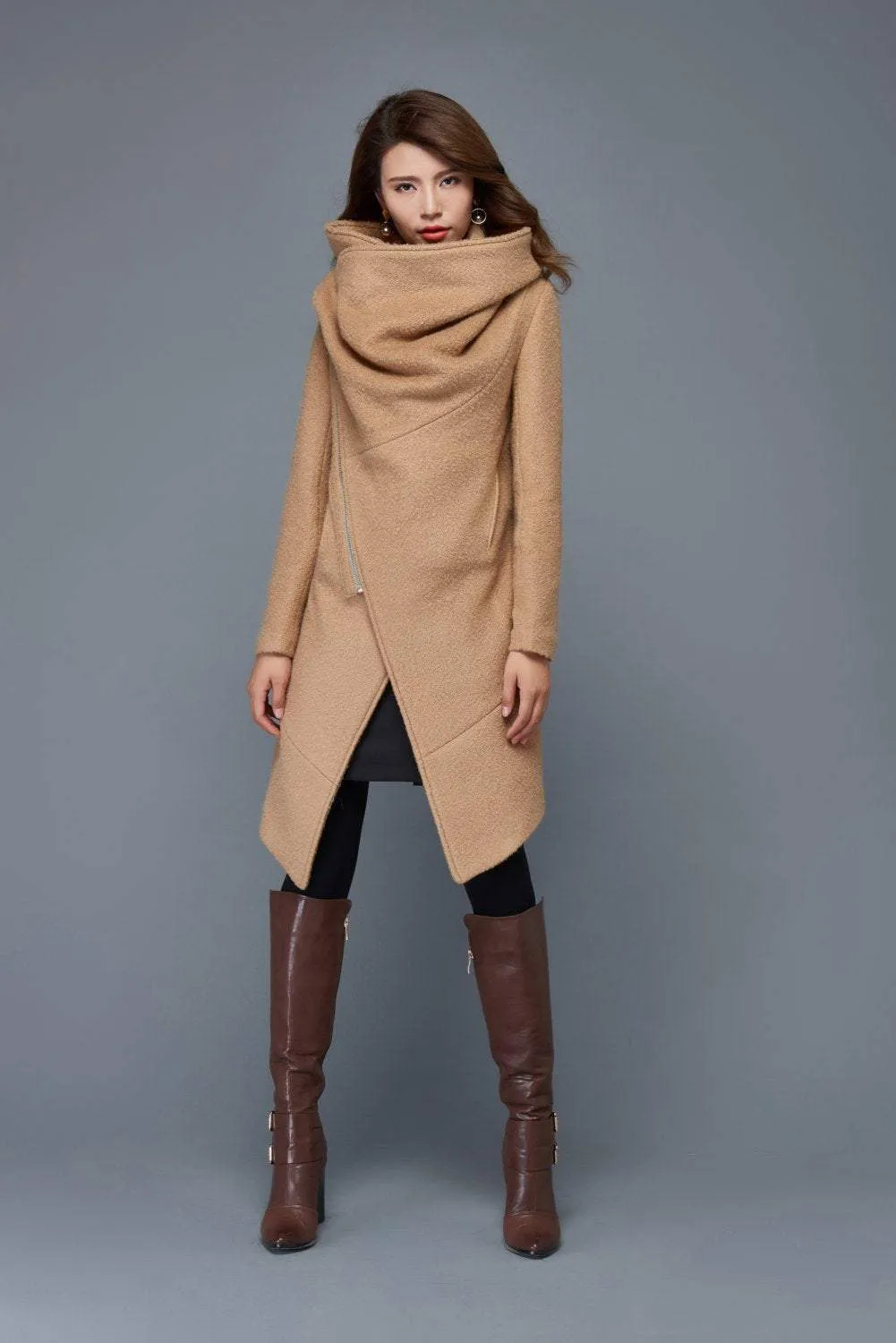 Brown Asymmetrical winter wool coat women C959