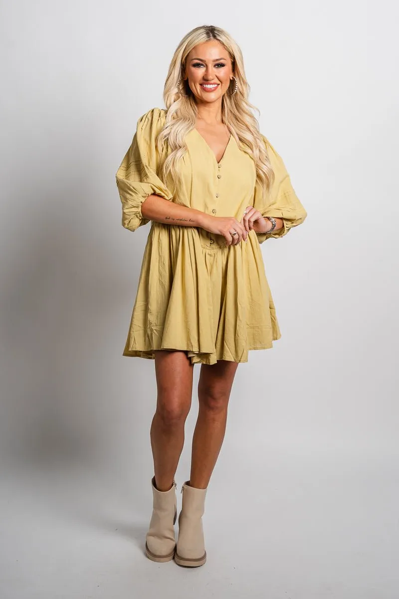 Button front babydoll dress cool matcha